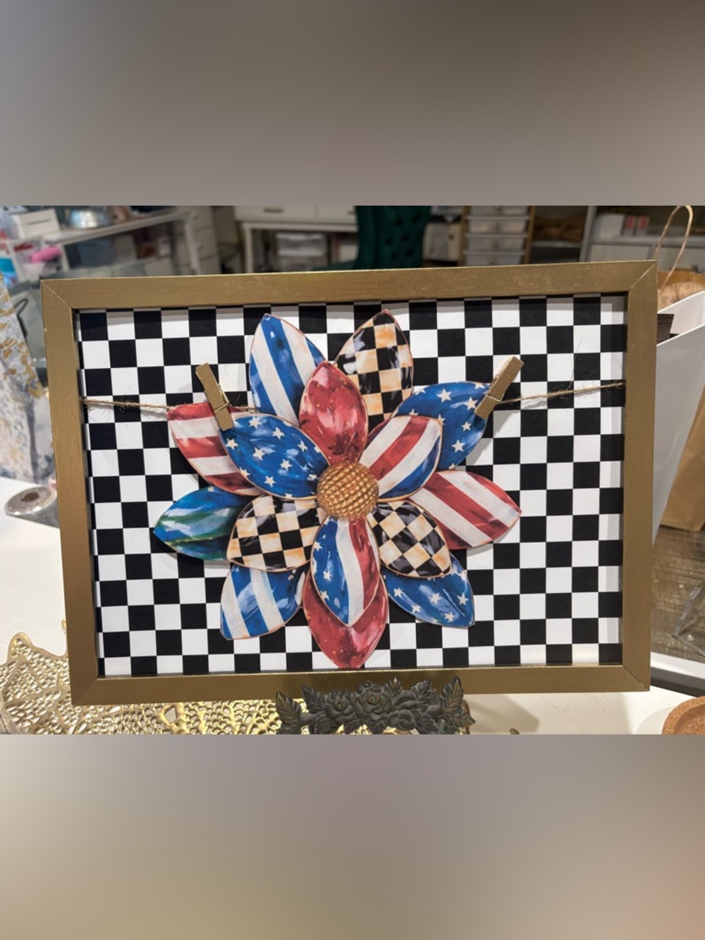 Patriotic Americana Iconic Checkered Flower Mackenzie Childs type Art